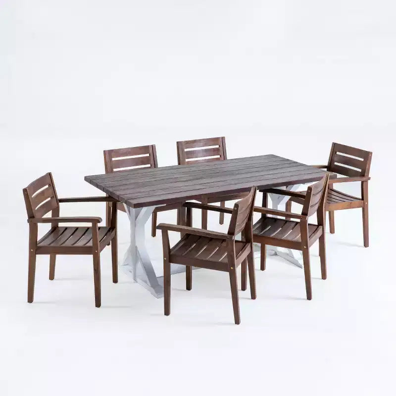 Juego de comedor de 7 piezas para exterior Shalimar de Christopher Knight Home, de madera de acacia, marrón oscuro y blanco