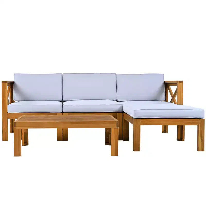 Chic Crate-5-delars sektionssoffset i trä för uteplatsen med vattenavvisande grå dynor för trädgård, veranda och altan - naturlig finish