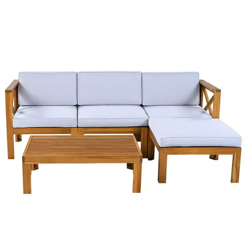 Chic Crate-5-delars sektionssoffset i trä för uteplatsen med vattenavvisande grå dynor för trädgård, veranda och altan - naturlig finish