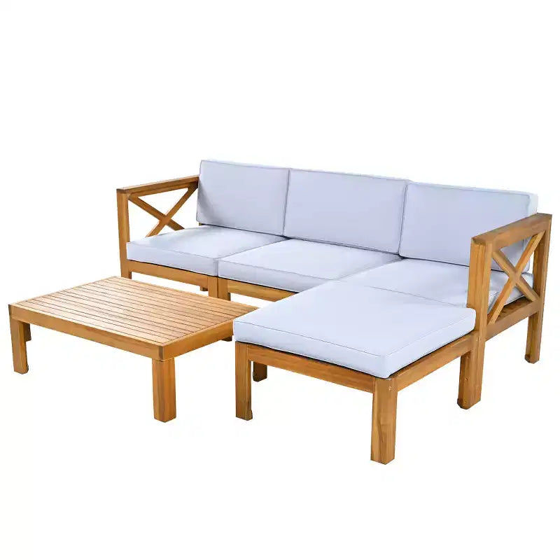 Chic Crate-5-delars sektionssoffset i trä för uteplatsen med vattenavvisande grå dynor för trädgård, veranda och altan - naturlig finish