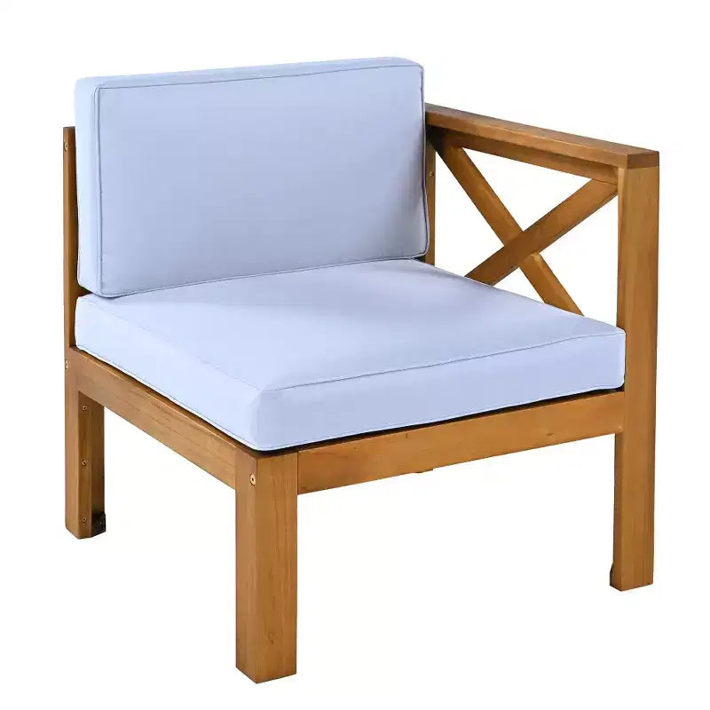 Chic Crate-5-delars sektionssoffset i trä för uteplatsen med vattenavvisande grå dynor för trädgård, veranda och altan - naturlig finish