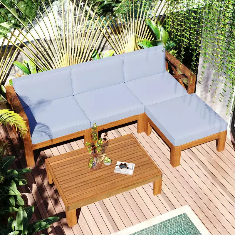 Chic Crate-5-delars sektionssoffset i trä för uteplatsen med vattenavvisande grå dynor för trädgård, veranda och altan - naturlig finish