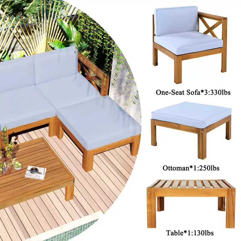 Chic Crate-5-delars sektionssoffset i trä för uteplatsen med vattenavvisande grå dynor för trädgård, veranda och altan - naturlig finish