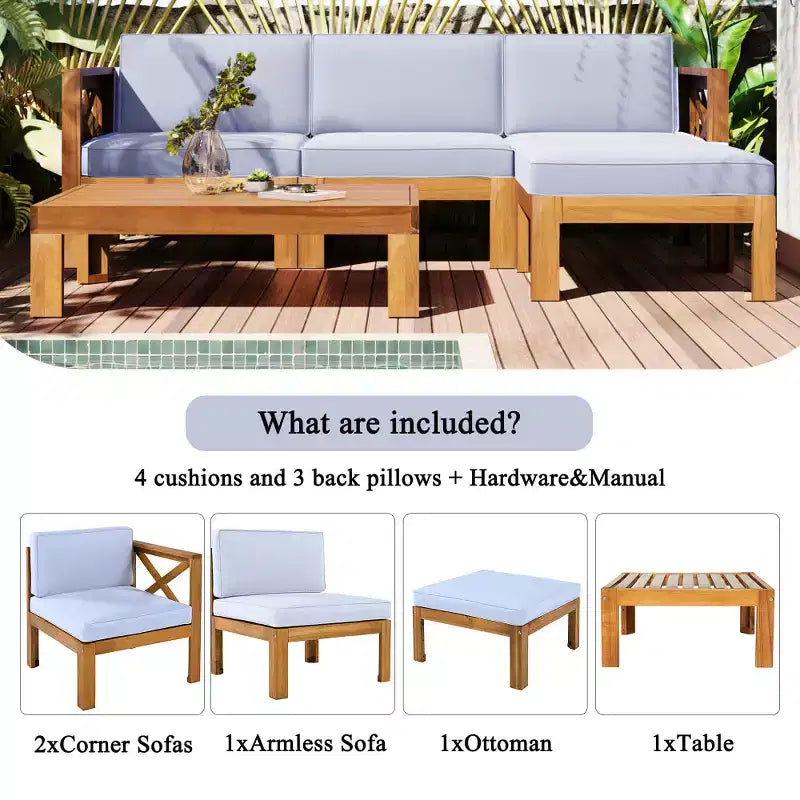 Chic Crate-5-delars sektionssoffset i trä för uteplatsen med vattenavvisande grå dynor för trädgård, veranda och altan - naturlig finish