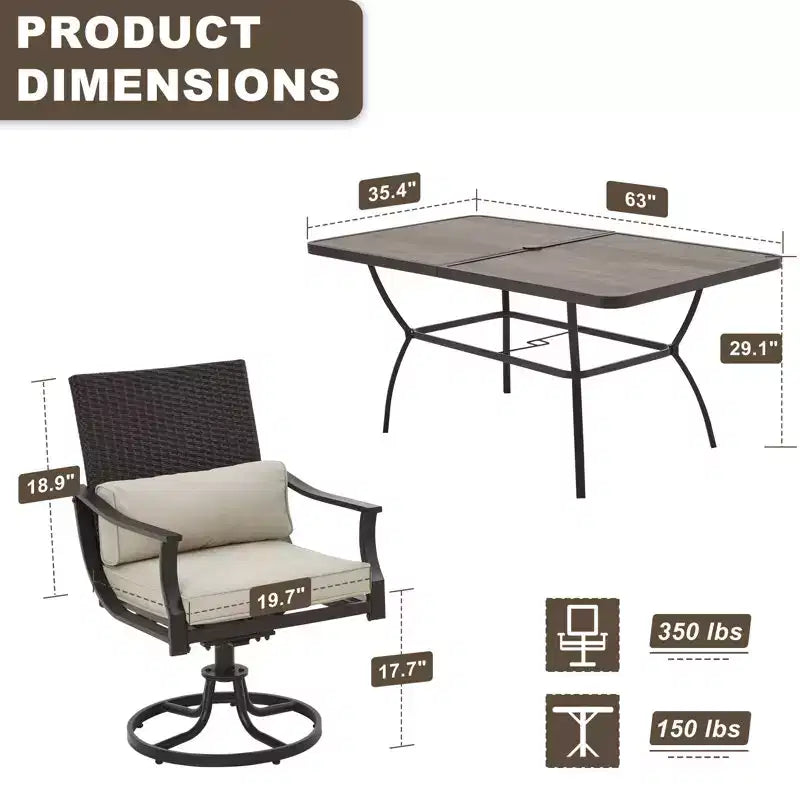 EROMMY 7-delige eettafelset voor buiten, grote rechthoekige eettafel (parasolgat van 1.96'') en 6 draaibare eetkamerstoelen met lendenkussen