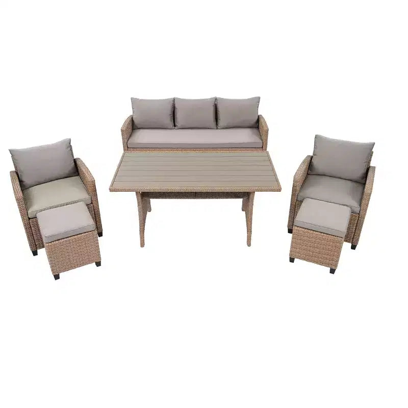 GDFStudio Gary 6-teiliges Ess-Set für den Außenbereich aus PE-Rattan und Stahl mit gepolsterten Sitzen