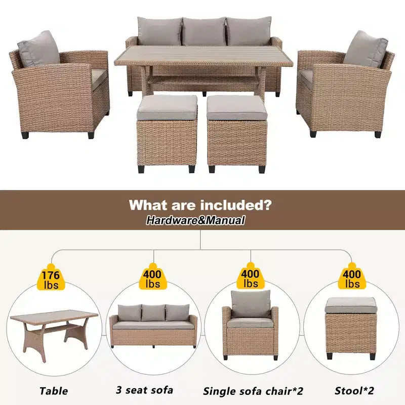 GDFStudio Gary 6-teiliges Ess-Set für den Außenbereich aus PE-Rattan und Stahl mit gepolsterten Sitzen