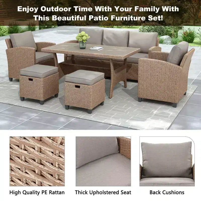 GDFStudio Gary 6-teiliges Ess-Set für den Außenbereich aus PE-Rattan und Stahl mit gepolsterten Sitzen