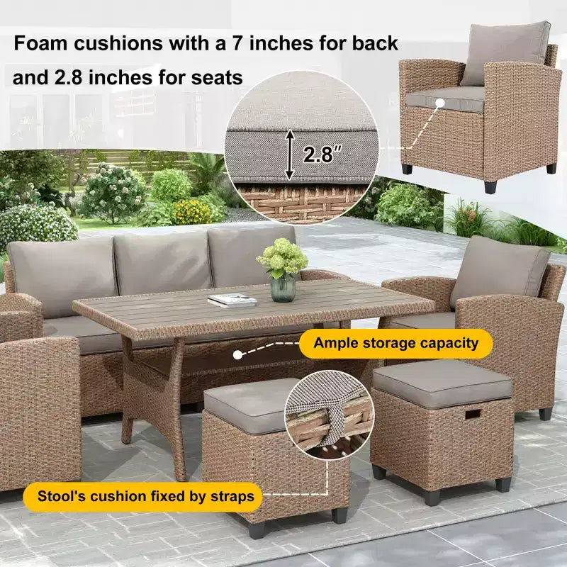 GDFStudio Gary 6-teiliges Ess-Set für den Außenbereich aus PE-Rattan und Stahl mit gepolsterten Sitzen