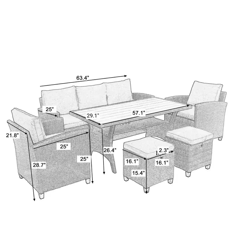 GDFStudio Gary 6-teiliges Ess-Set für den Außenbereich aus PE-Rattan und Stahl mit gepolsterten Sitzen