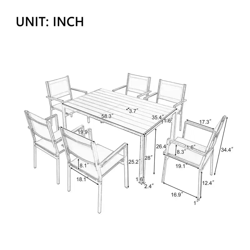 Whisen matgrupp för utomhusbruk i 7 delar av väderbeständigt stål, uteplatsset med bord och stolar för balkong och bakgård