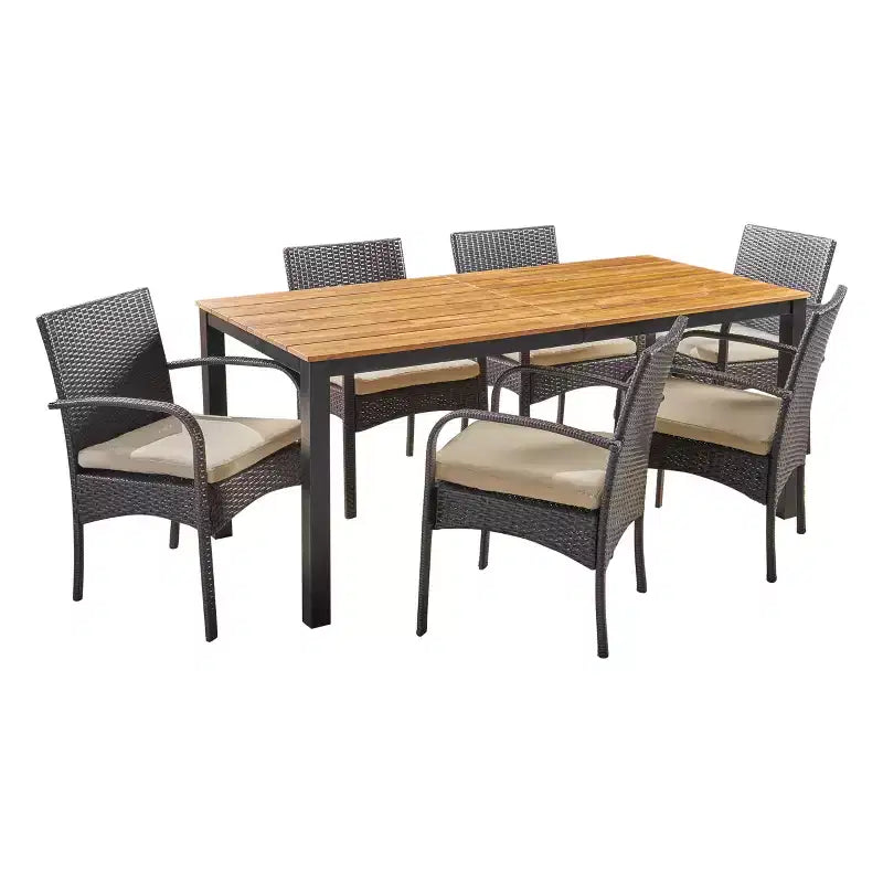 Christopher Knight Home Ballard 7-teiliges Outdoor-Ess-Set aus Korbgeflecht und Akazienholz mit Sitzkissen, Teakholz/Mehrfarbig Braun