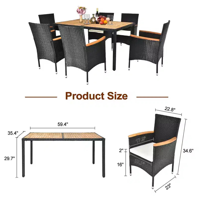 Karl Home Black 7-Piece Wicker Acacia Wood Outdoor Dining Set with Beige Cushion