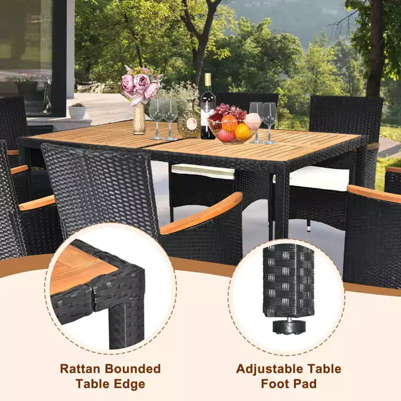 Karl Home Black 7-Piece Wicker Acacia Wood Outdoor Dining Set with Beige Cushion