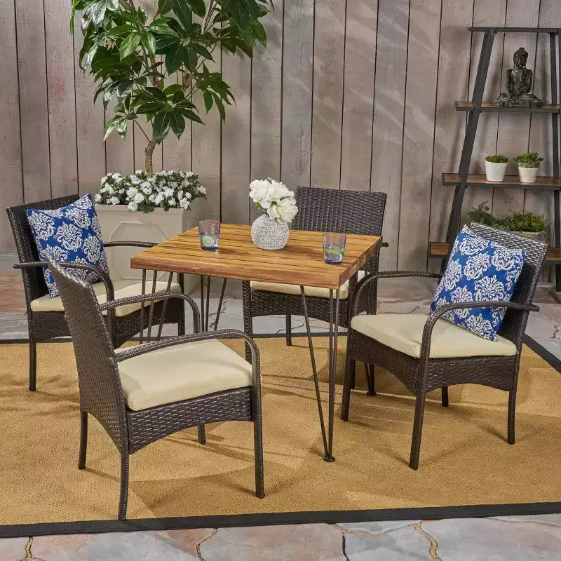 Christopher Knight Home Clayton Outdoor Acacia Wood and Wicker 5 Piece Dining Set with Cushion, Teak/Multibrown