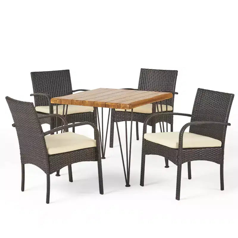 Christopher Knight Home Clayton 5-teiliges Essgruppen-Set für den Außenbereich aus Akazienholz und Korbgeflecht mit Auflage, Teak/Mehrfarbiges Braun