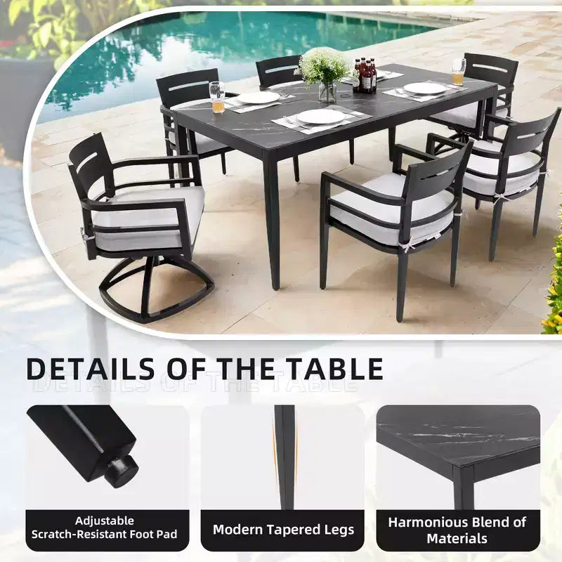 Set da pranzo da esterno Christopher Knight Home Larry da 7 pezzi in alluminio e pietra sinterizzata con cuscini Sunbrella rimovibili