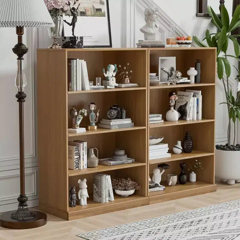 2-Piece Set of Large-Sized Modern Minimalist Wood Grain Edge Cabinets Without Doors, with 4-Layer Shelves