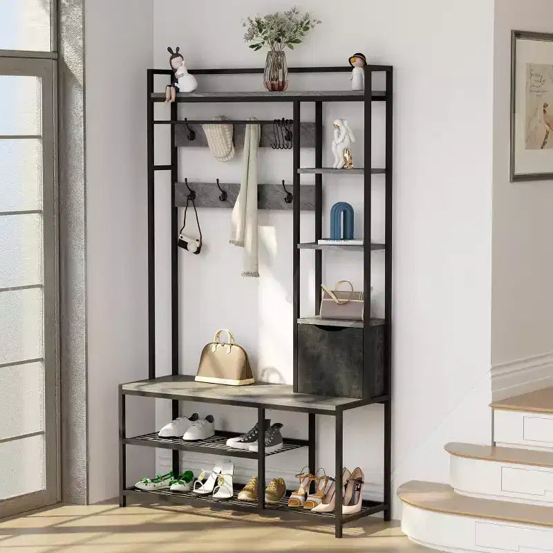 5-in-1 Hall Tree with Bench, Shoe Storage, Coat Rack, Fabric Drawer and 12 Hooks