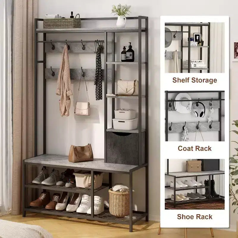 5-in-1 Hall Tree with Bench, Shoe Storage, Coat Rack, Fabric Drawer and 12 Hooks