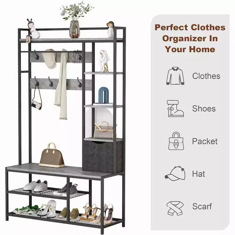 5-in-1 Hall Tree with Bench, Shoe Storage, Coat Rack, Fabric Drawer and 12 Hooks