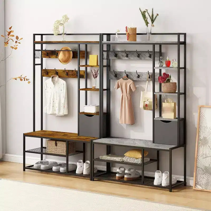 5-in-1 Hall Tree with Bench, Shoe Storage, Coat Rack, Fabric Drawer and 12 Hooks