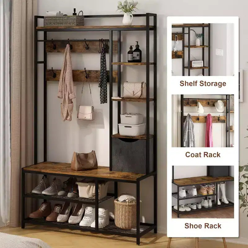 5-in-1 Hall Tree with Bench, Shoe Storage, Coat Rack, Fabric Drawer and 12 Hooks