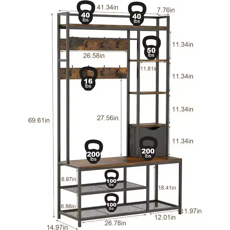 5-in-1 Hall Tree with Bench, Shoe Storage, Coat Rack, Fabric Drawer and 12 Hooks