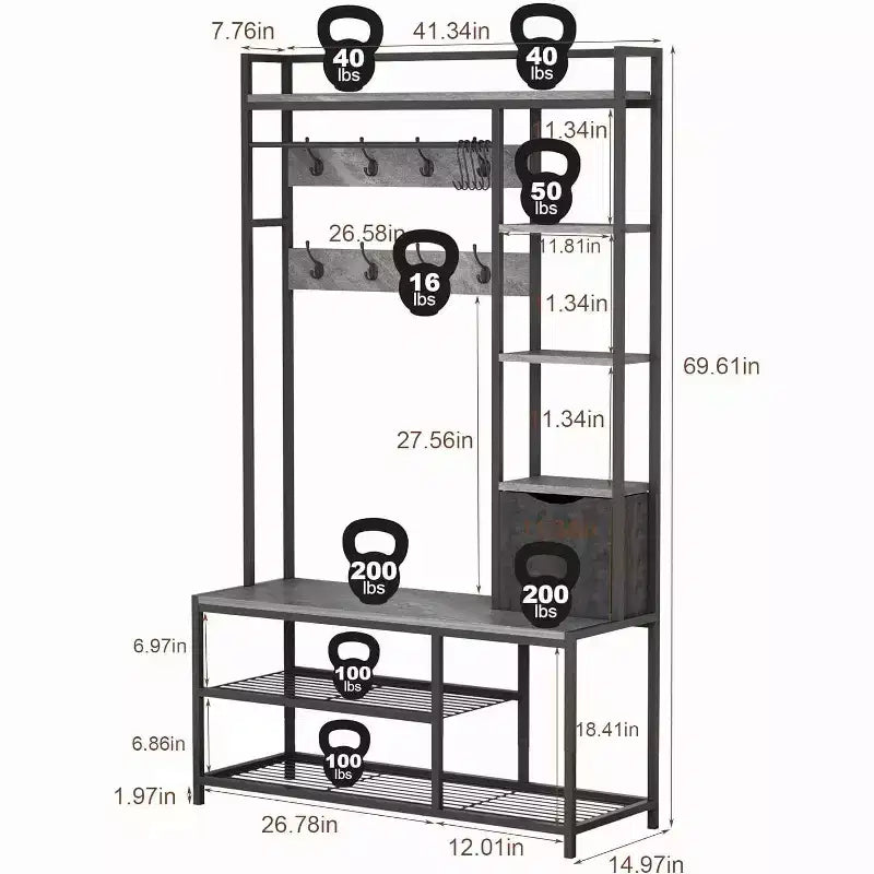 5-in-1 Hall Tree with Bench, Shoe Storage, Coat Rack, Fabric Drawer and 12 Hooks