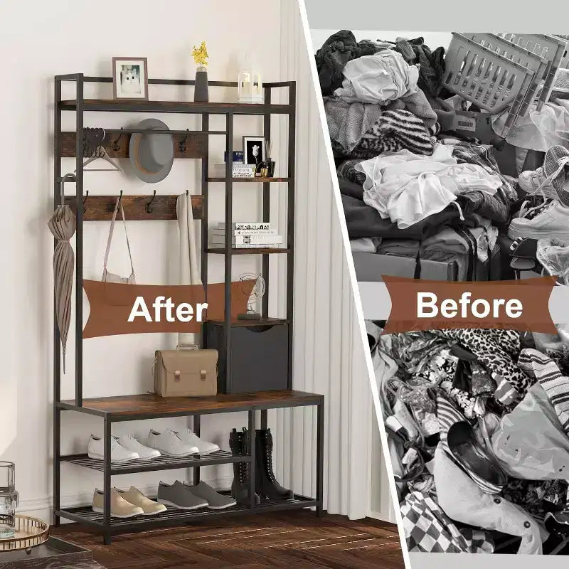 5-in-1 Hall Tree with Bench, Shoe Storage, Coat Rack, Fabric Drawer and 12 Hooks