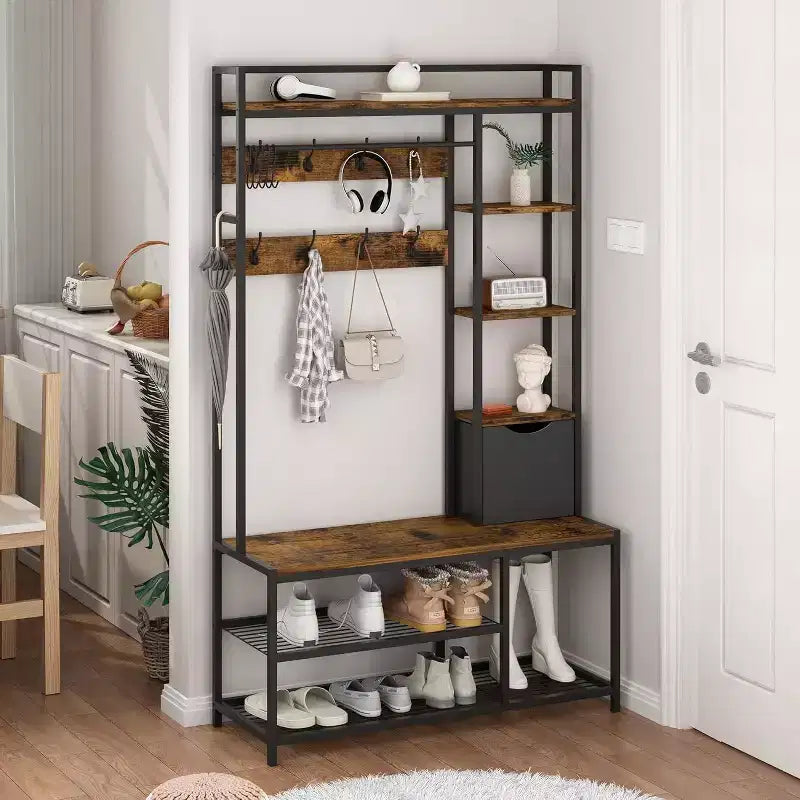 5-in-1 Hall Tree with Bench, Shoe Storage, Coat Rack, Fabric Drawer and 12 Hooks