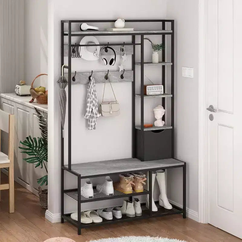 5-in-1 Hall Tree with Bench, Shoe Storage, Coat Rack, Fabric Drawer and 12 Hooks