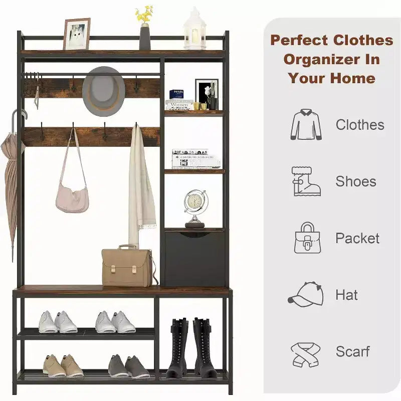 5-in-1 Hall Tree with Bench, Shoe Storage, Coat Rack, Fabric Drawer and 12 Hooks