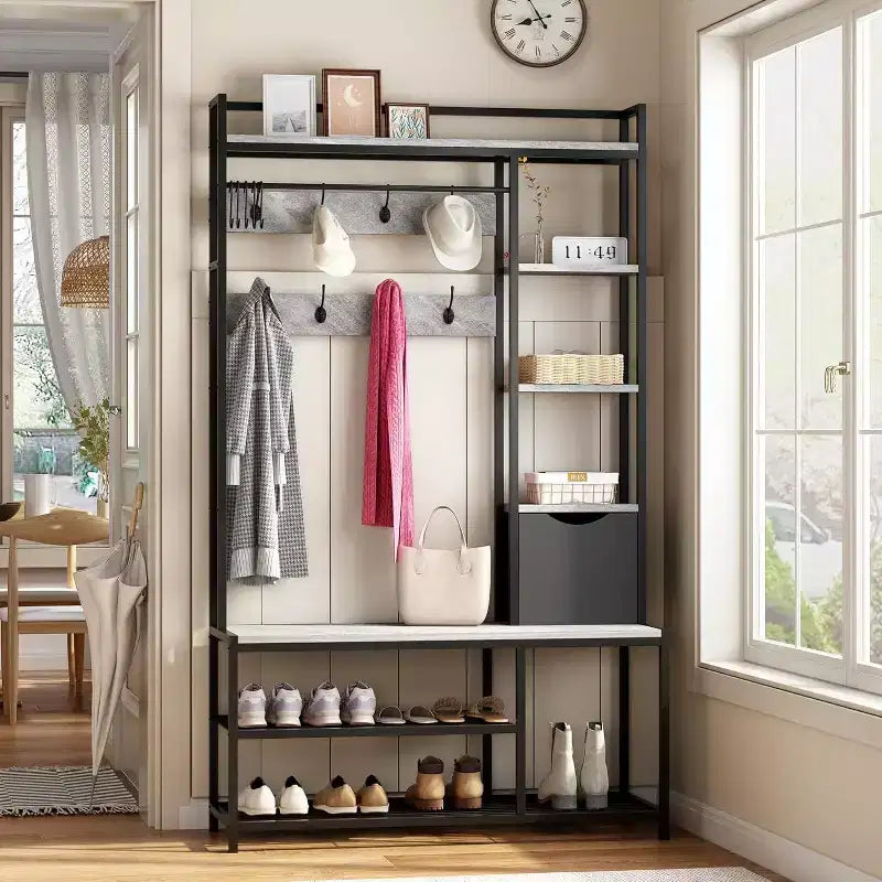 5-in-1 Hall Tree with Bench, Shoe Storage, Coat Rack, Fabric Drawer and 12 Hooks