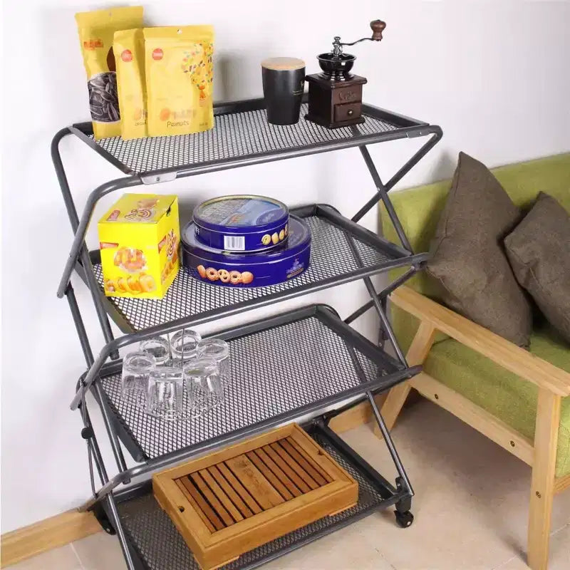 4-Tier Foldable Steel Shelf with Casters, Powder-Coated, Removable Mesh Trays, 39"H