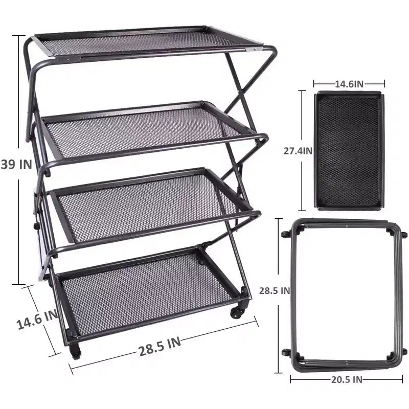 4-Tier Foldable Steel Shelf with Casters, Powder-Coated, Removable Mesh Trays, 39"H