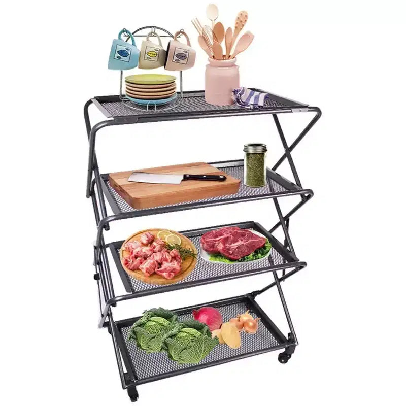 4-Tier Foldable Steel Shelf with Casters, Powder-Coated, Removable Mesh Trays, 39"H