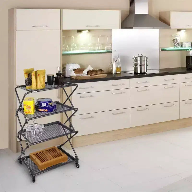 4-Tier Foldable Steel Shelf with Casters, Powder-Coated, Removable Mesh Trays, 39"H