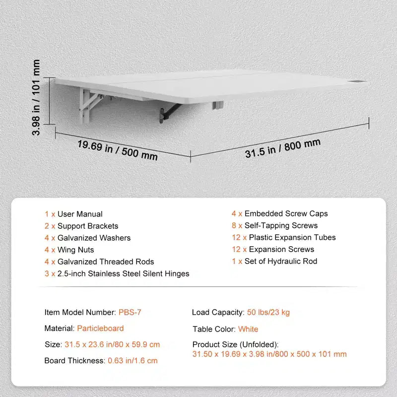 Wall Mounted Folding Table, 31.5 x 19.69", Drop Leaf Floating Desk with Iron Bracket