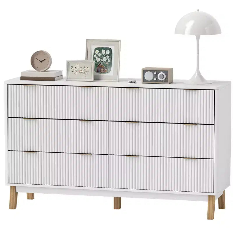 Fluted Dresser for Bedroom with 6 Drawers, 54" Wide Chest with Gold Finger Pulls and Wood Legs