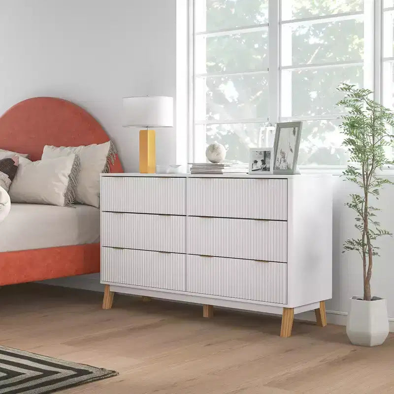 Fluted Dresser for Bedroom with 6 Drawers, 54" Wide Chest with Gold Finger Pulls and Wood Legs
