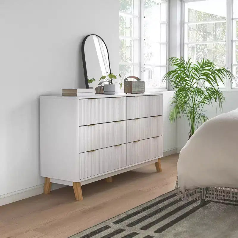 Fluted Dresser for Bedroom with 6 Drawers, 54" Wide Chest with Gold Finger Pulls and Wood Legs