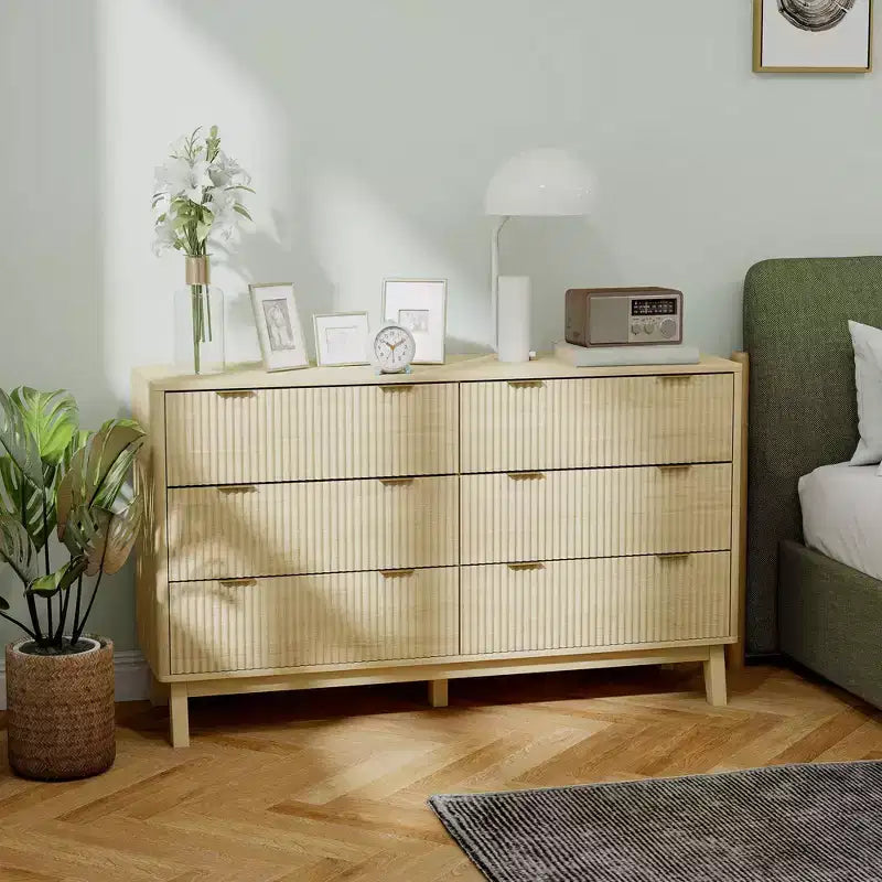Fluted Dresser for Bedroom with 6 Drawers, 54" Wide Chest with Gold Finger Pulls and Wood Legs