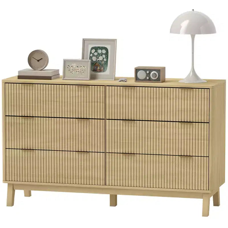 Fluted Dresser for Bedroom with 6 Drawers, 54" Wide Chest with Gold Finger Pulls and Wood Legs