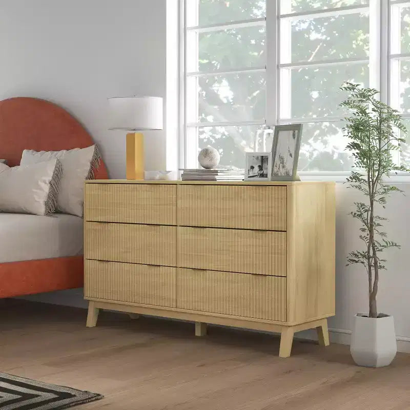 Fluted Dresser for Bedroom with 6 Drawers, 54" Wide Chest with Gold Finger Pulls and Wood Legs