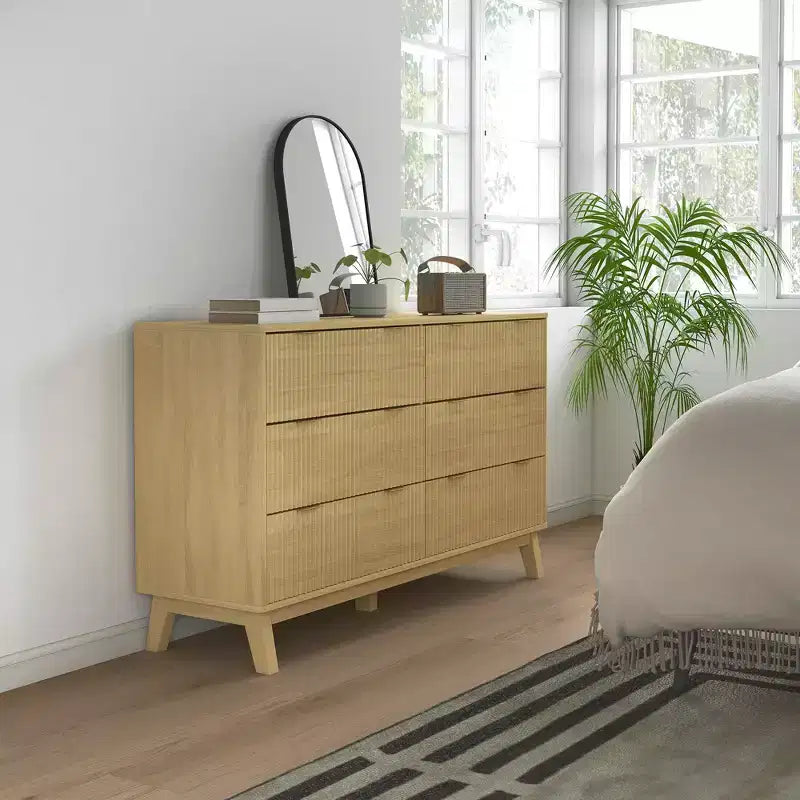 Fluted Dresser for Bedroom with 6 Drawers, 54" Wide Chest with Gold Finger Pulls and Wood Legs