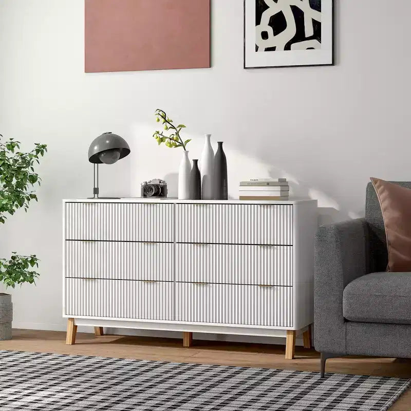 Fluted Dresser for Bedroom with 6 Drawers, 54" Wide Chest with Gold Finger Pulls and Wood Legs