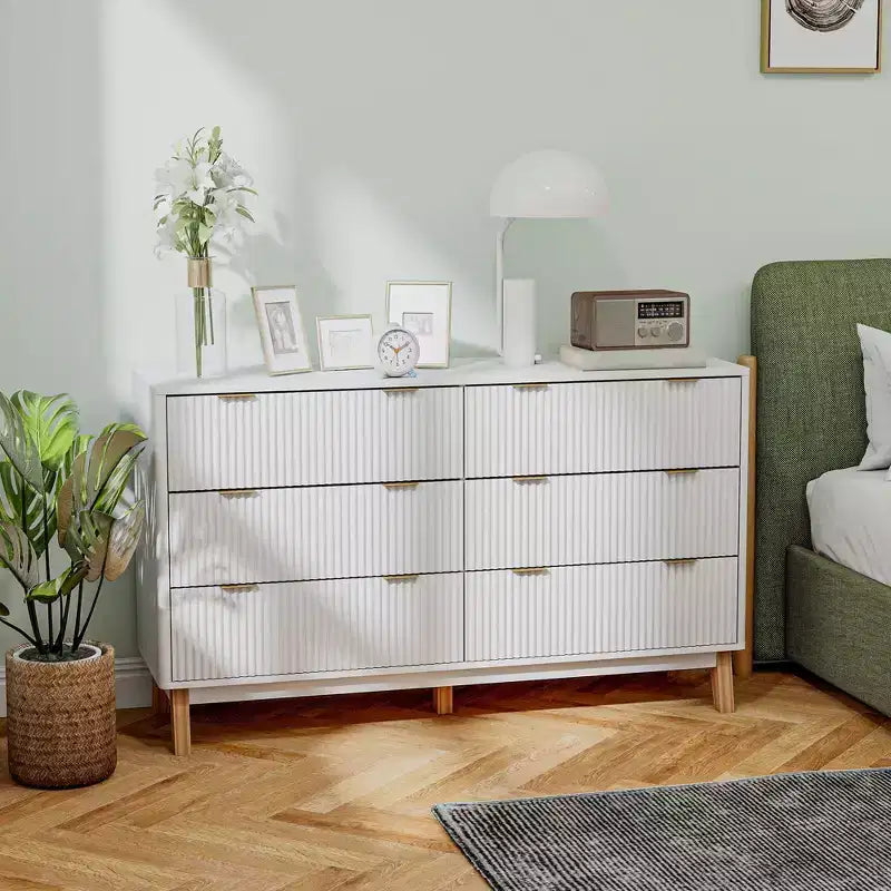 Fluted Dresser for Bedroom with 6 Drawers, 54" Wide Chest with Gold Finger Pulls and Wood Legs