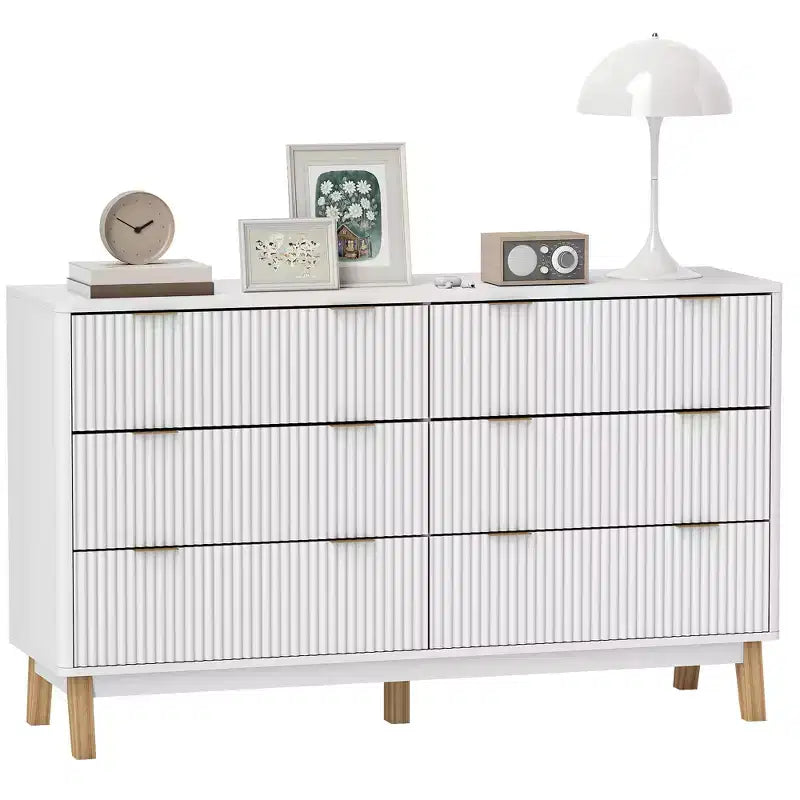 Fluted Dresser for Bedroom with 6 Drawers, 54" Wide Chest with Gold Finger Pulls and Wood Legs