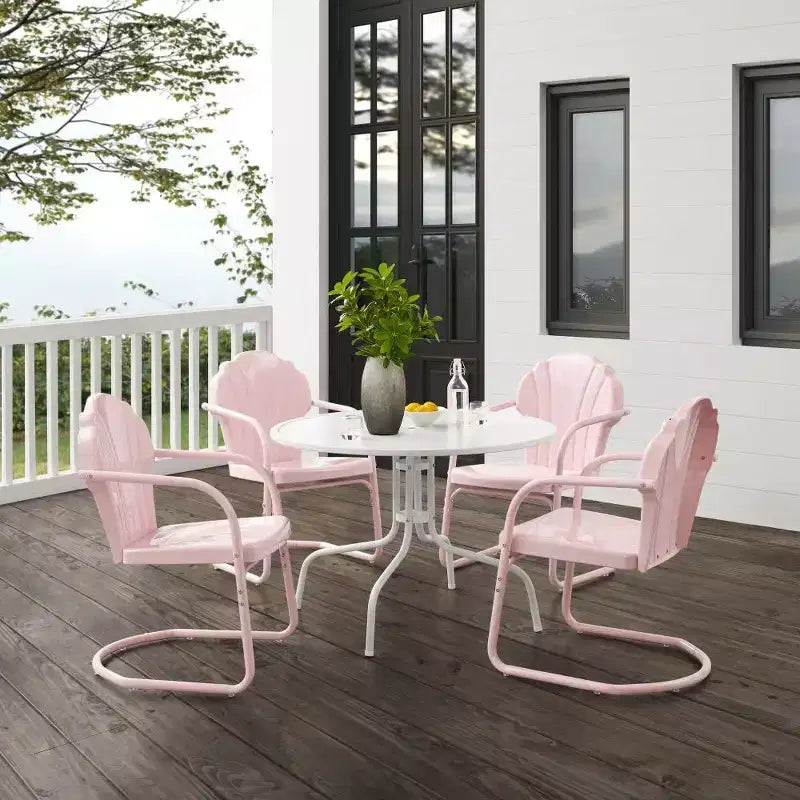 HomeStock Tulip 5 Parçalı Açık Hava Metal Yemek Takımı, Yemek Masası ve 4 Sandalye ile